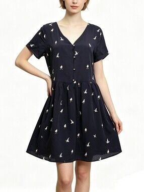 💧💧100% Silk, Navy V-Neck Short Sleeve Silk Dress with White Bird Print